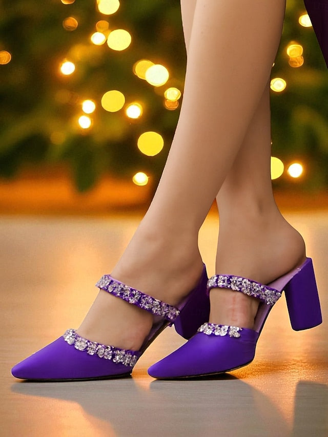 Heel Block Mules with Black Satin Floral Rhinestone Women's