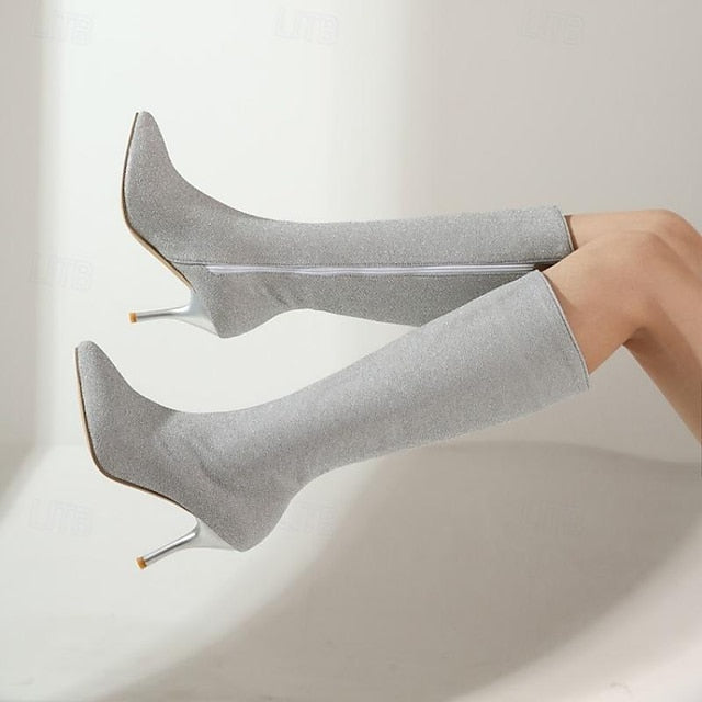 Women's Knee-High Elegant Sparkly Stiletto Boots –