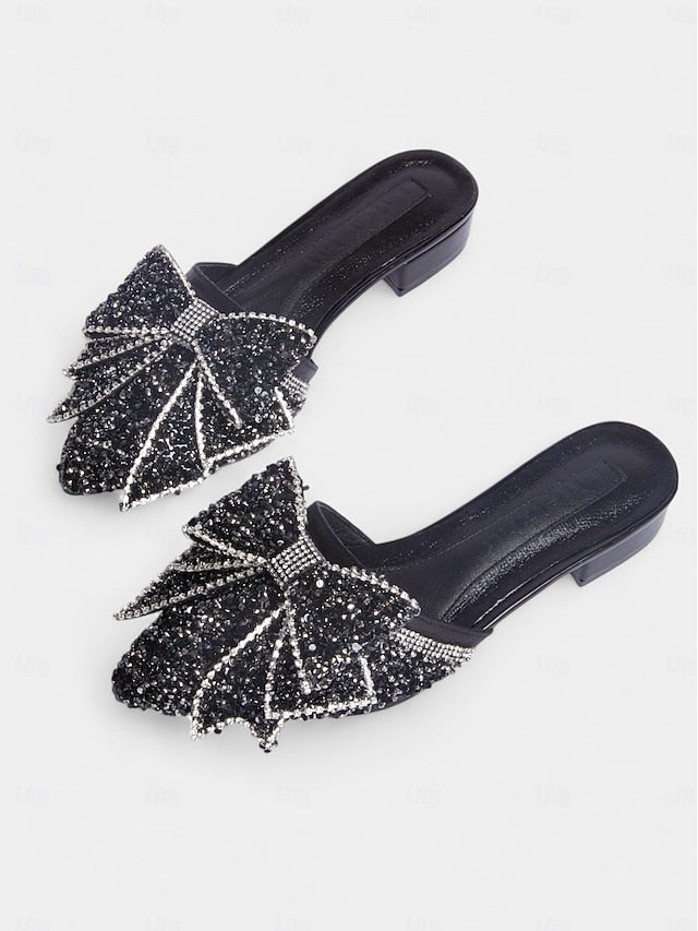 for Black Mules Perfect Parties and Rhinestone-Bow Flat –