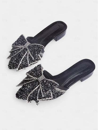 for Black Mules Perfect Parties and Rhinestone-Bow Flat –