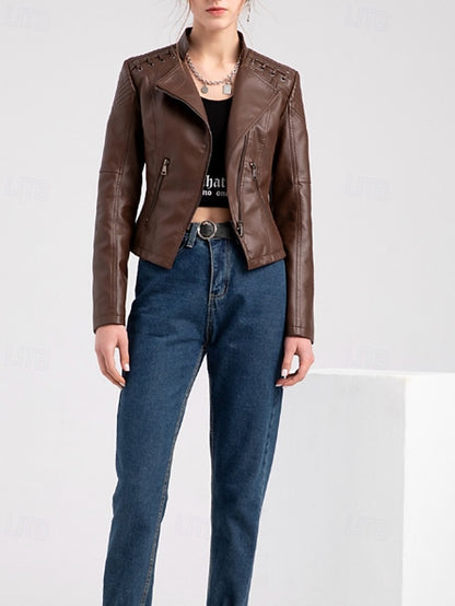Jacket Zipper Leather Pocket Comfortable Faux Women's