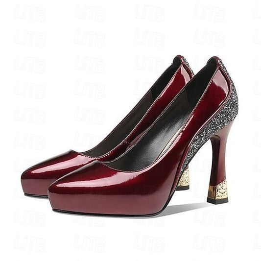 Heels Women's with Platform Burgundy Leather Patent Glitter