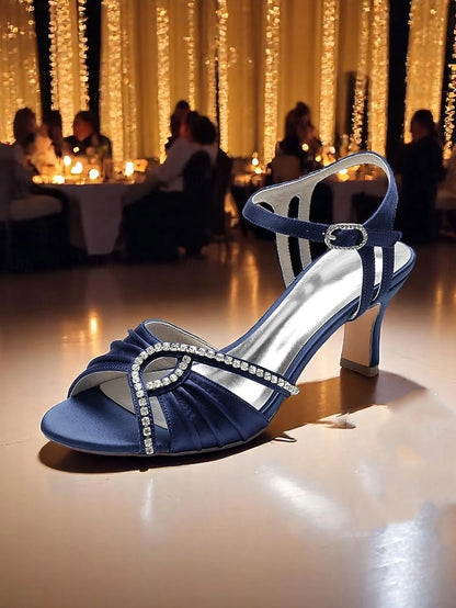Satin Heeled Blue Navy Women's Rhinestone – Sandals