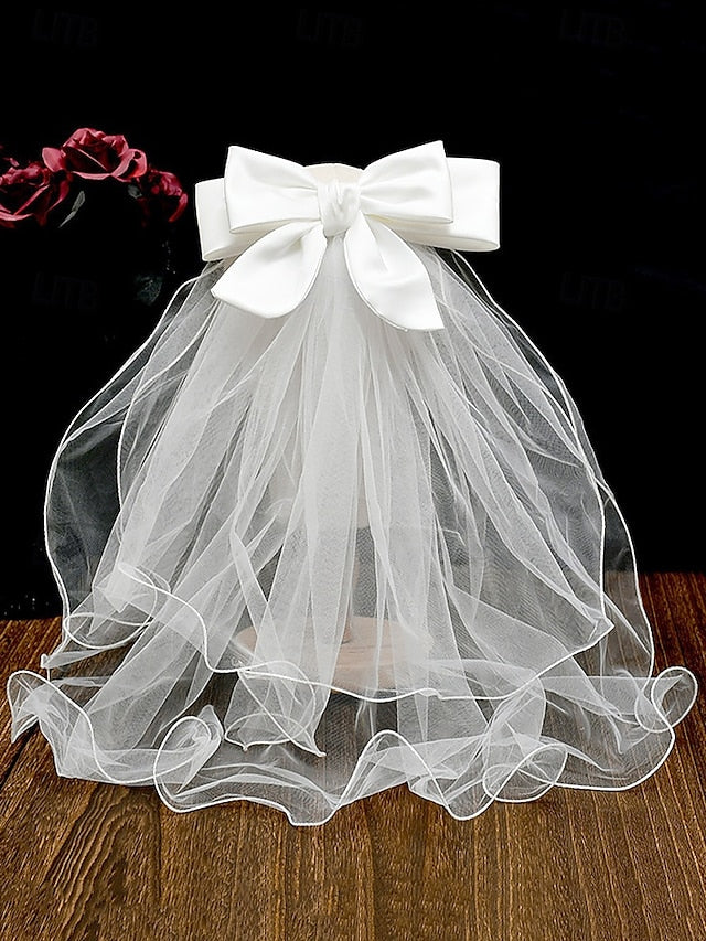 Ivory with - Soft Elegant Ribbon Tulle Bridal Satin and Veil