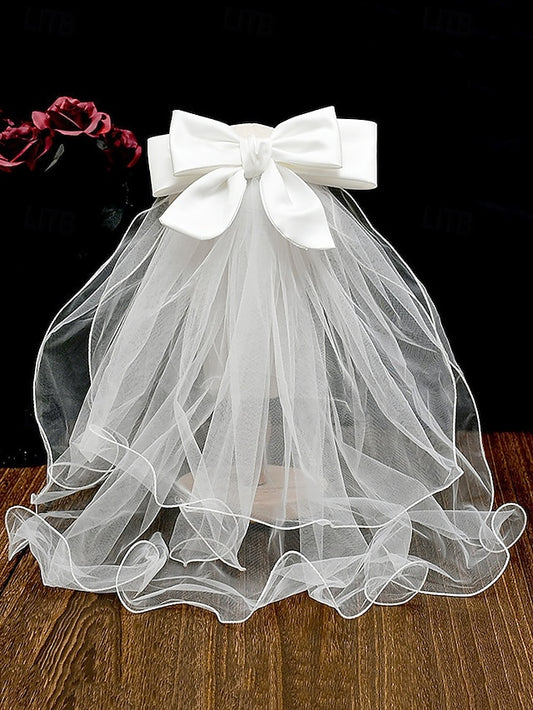Ivory with - Soft Elegant Ribbon Tulle Bridal Satin and Veil