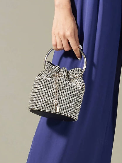Women's Silver Sparkling Bucket Rhinestone with Bag Metal