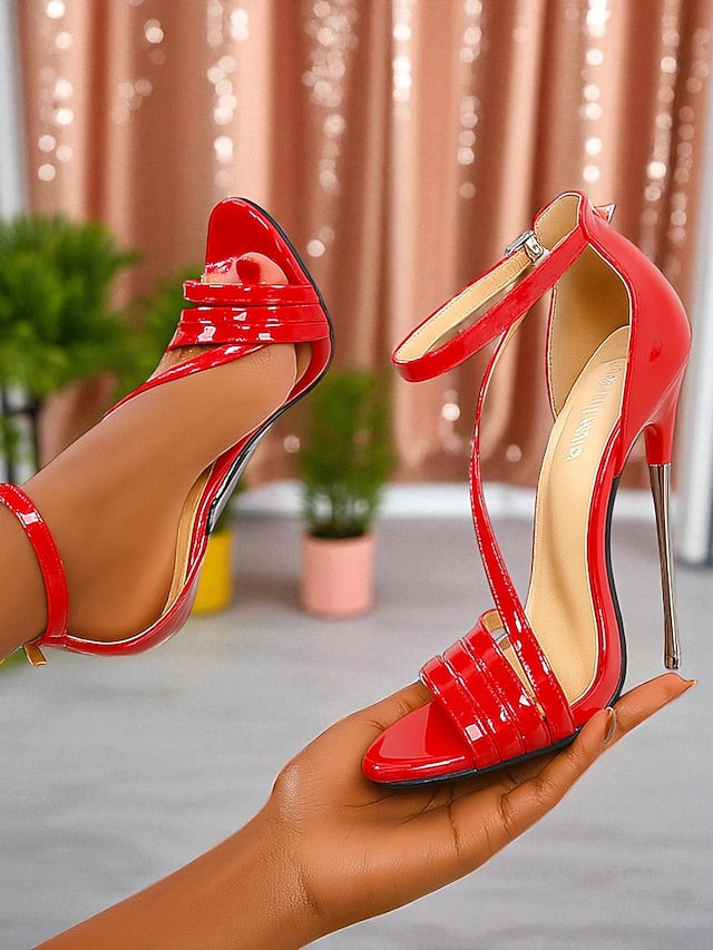 Strappy Heels Red High Stiletto - Women's PU Patent Sandals