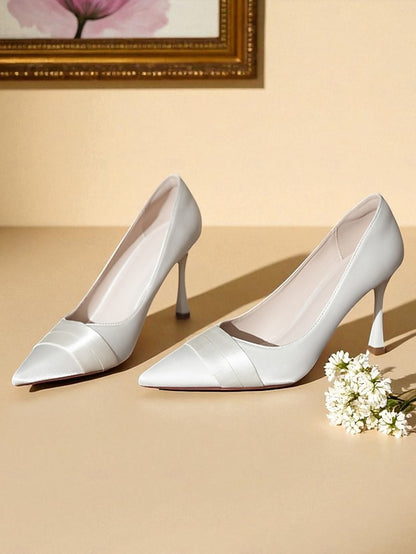 Heel High Pumps - Women's Pointed Toe Champagne Satin