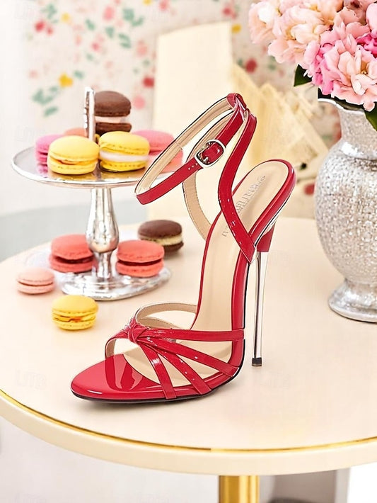Women's Patent Heels Red Stiletto Leather Knot - Strappy