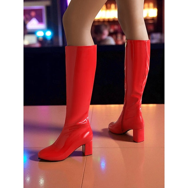 Block Red Women's Knee High Boots with Heel Patent Leather