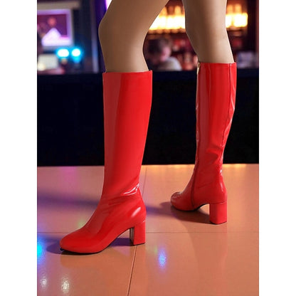 Block Red Women's Knee High Boots with Heel Patent Leather