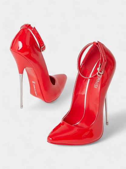 Patent Strap Red Women's Leather Ankle Heels with Stiletto