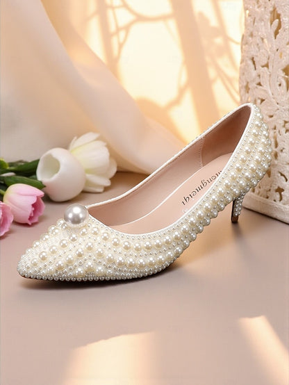 Pumps Heel Pearl-Embellished Matching Kitten and Women's