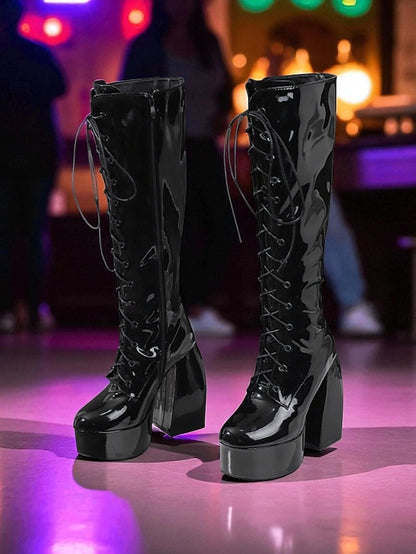 Silver Knee - Boots Platform Women's Metallic High Lace-Up