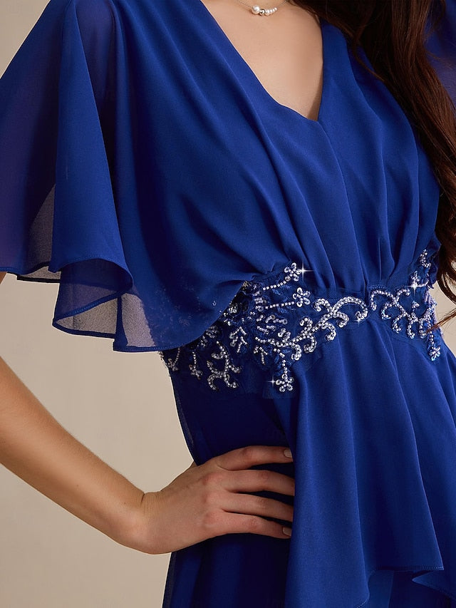 Royal Wedding Blue Chiffon Embroidered Cuff Guest Sequin Flare