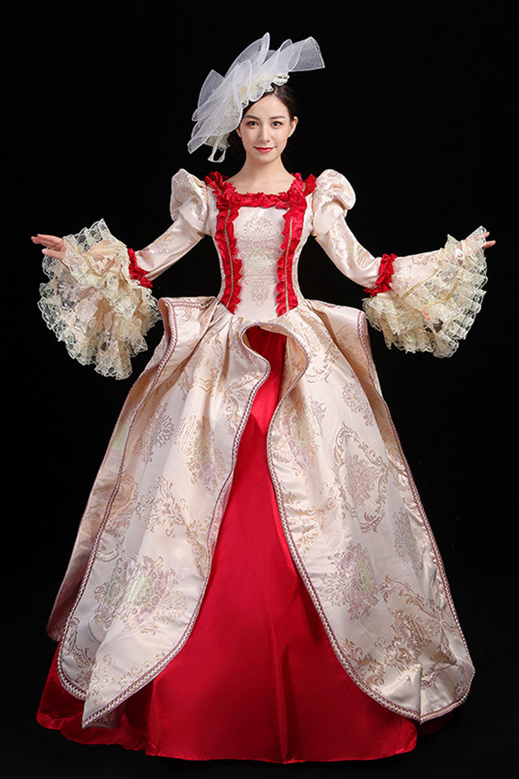 High-Waisted Victorian Prom Dress with Trumpet Sleeves and Floral Embroidery in Wine/Gold - CourtlyElegance
