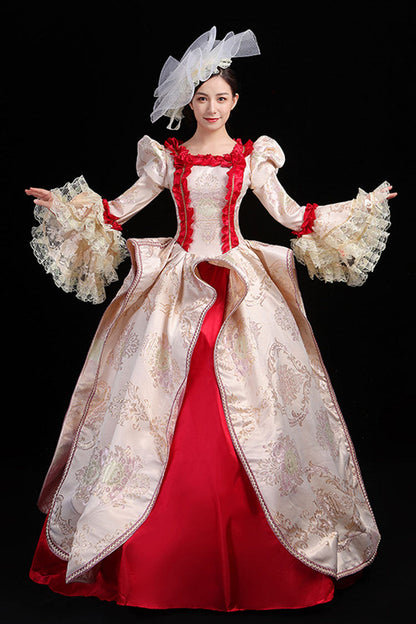 High-Waisted Victorian Prom Dress with Trumpet Sleeves and Floral Embroidery in Wine/Gold - CourtlyElegance
