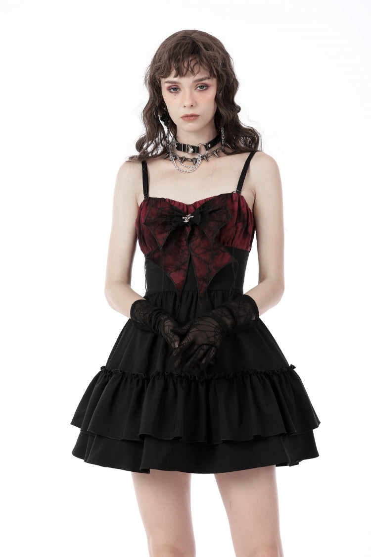 Crimson & Obsidian Sleeveless Bowknot Lace-Up Double-Layered Frilly Gothic Slip Graduation Dress