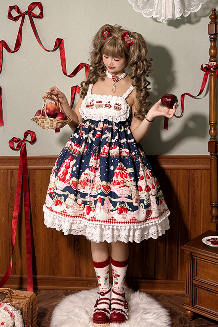 High Waisted Ruffle Bowknot Sweet Lolita JSK Dress with Strawberry Dessert Print - 4 Colors