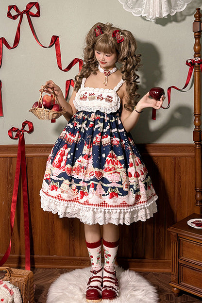 High Waisted Ruffle Bowknot Sweet Lolita JSK Dress with Strawberry Dessert Print - 4 Colors
