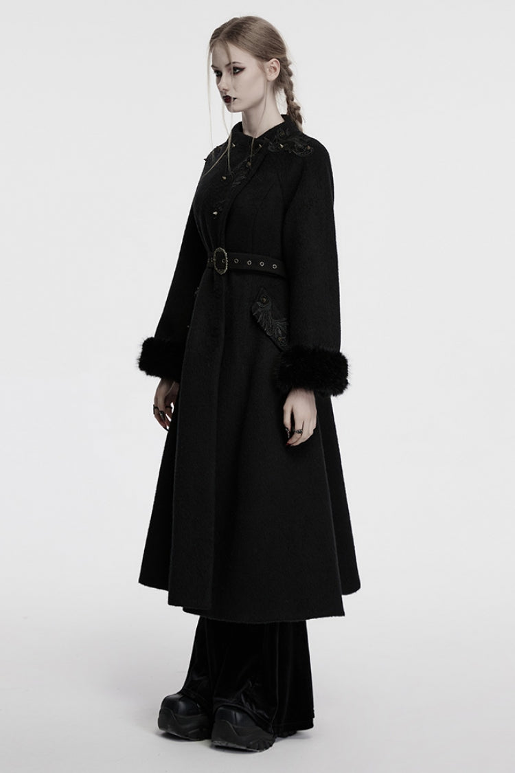Ebony Long-Sleeve Studded Floral Embroidered Fur Gothic Coat