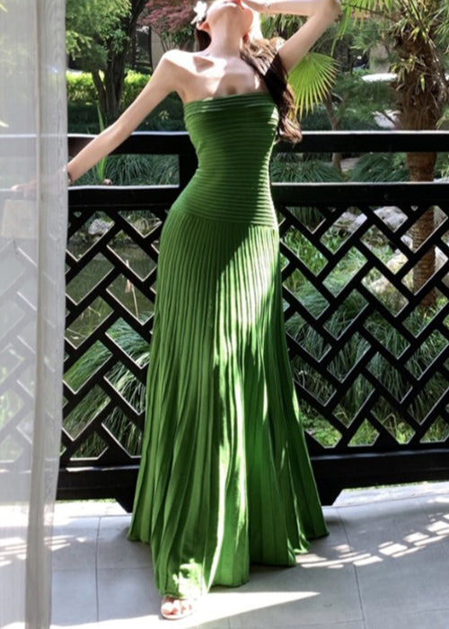 New Dresses Wrinkled knitting Long Cotton Green Strapless