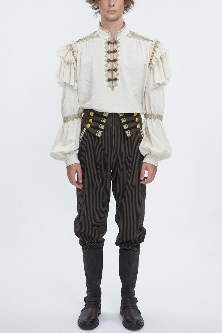 Gothic Men's Blouse with Lantern Sleeves & Multi-Layer Ruffled Stand Collar