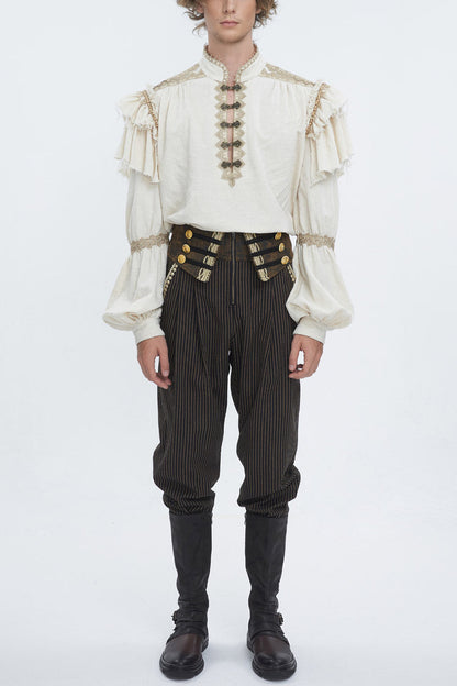 Gothic Men's Blouse with Lantern Sleeves & Multi-Layer Ruffled Stand Collar
