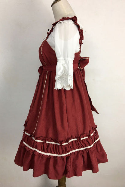 Crimson Vintage Lolita JSK Dress with Bow and Ruffle Details