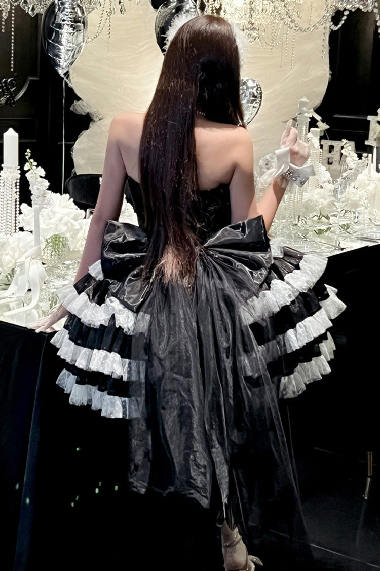 Ebony Off-Shoulder Sleeveless Tiered Bow Lace Princess Gown - Heartbeat at First Sight