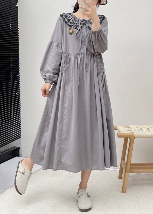 Robe en coton froissée à boutons gris brodée à manches longues NN004 