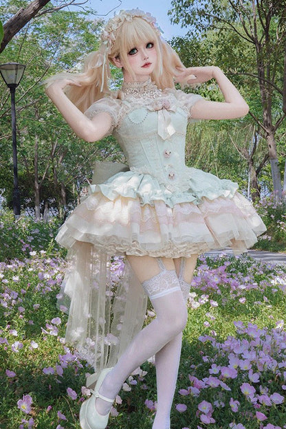 Emerald Sleeveless Multi-Layer Ruffle Bow Lace Slim Sweet Ballet Lolita Jumper Dress