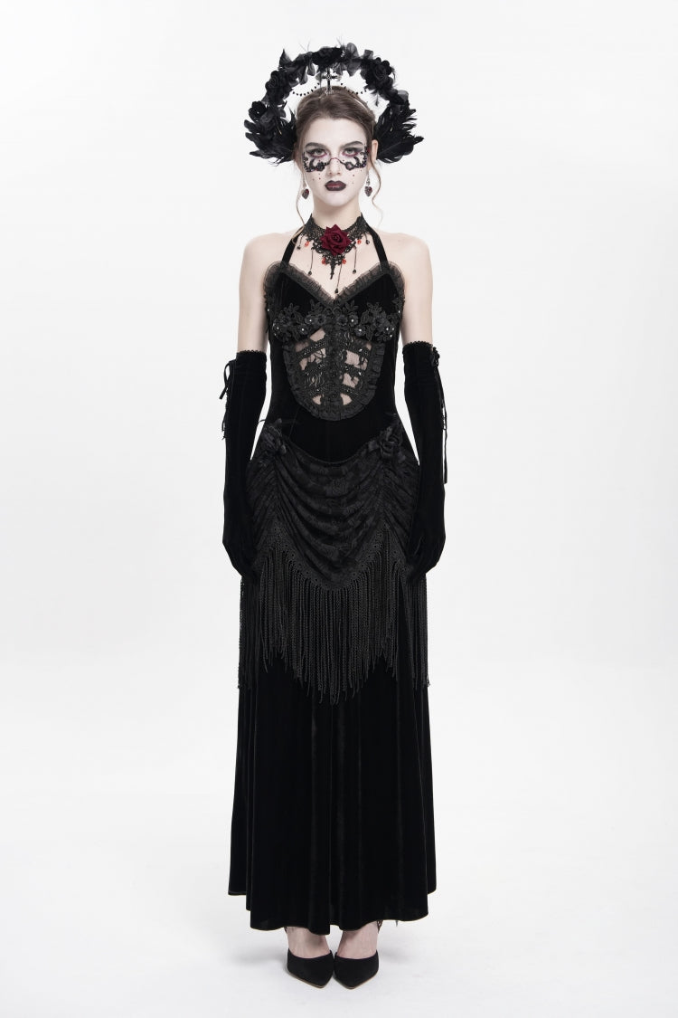No-Sleeve Floral Lace-Up Pleated Gothic Maxi Gown