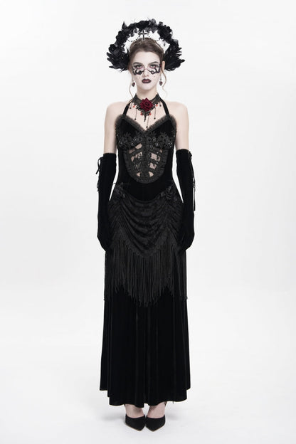 No-Sleeve Floral Lace-Up Pleated Gothic Maxi Gown