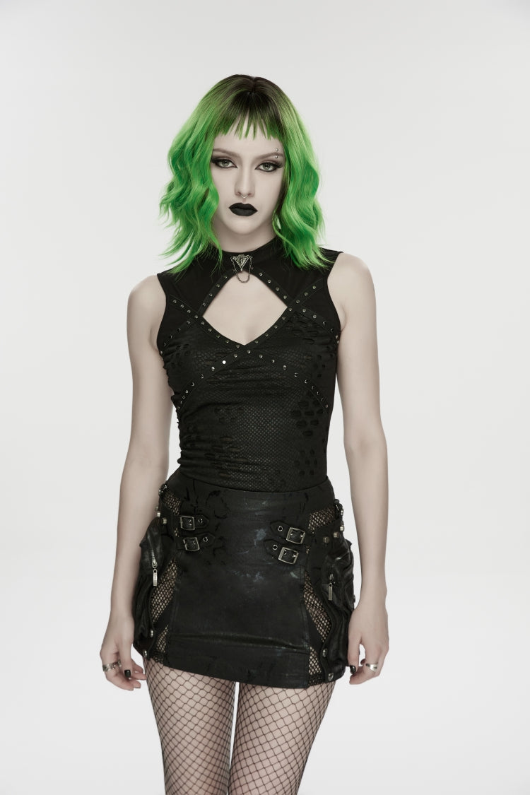 No-Sleeve Ripped Studded Zippered Punk Waistcoat