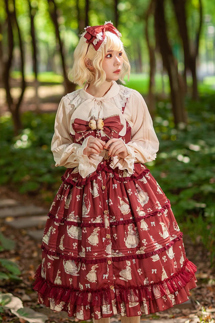 Multi-Layer Ruffle Sweet Elegant Lolita JSK Dress with Rabbit Dance Print - 4 Colors
