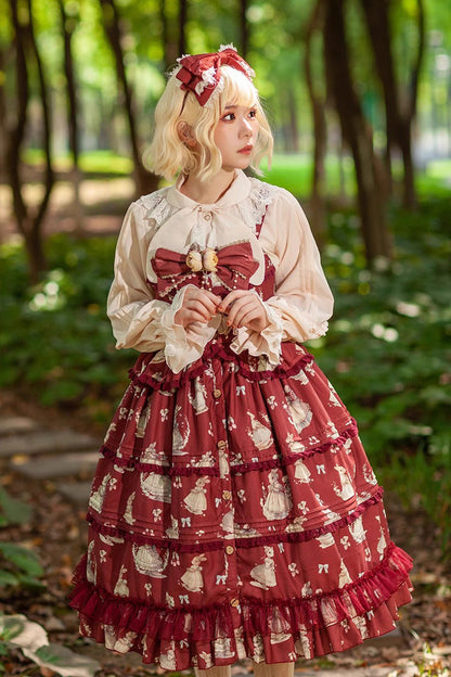Multi-Layer Ruffle Sweet Elegant Lolita JSK Dress with Rabbit Dance Print - 4 Colors