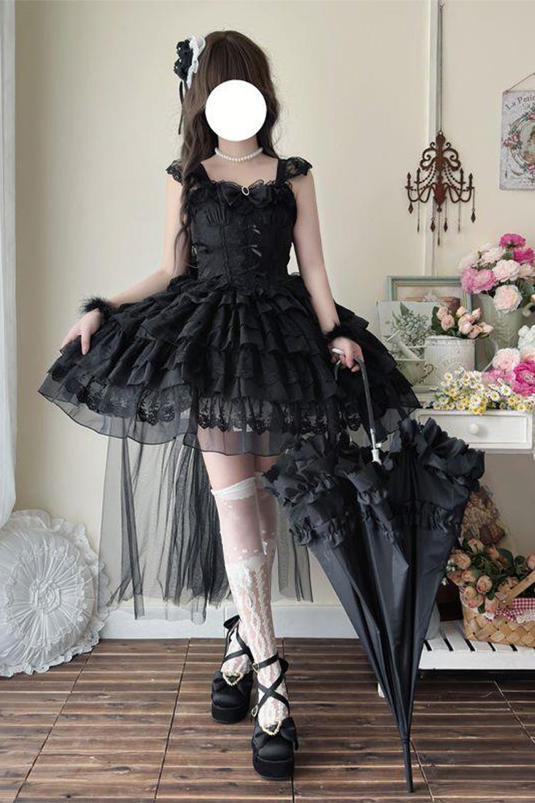 Ebony Sleeveless Tiered Bow Lace-Up Ballet JSK - From Broken Wings to Rebirth