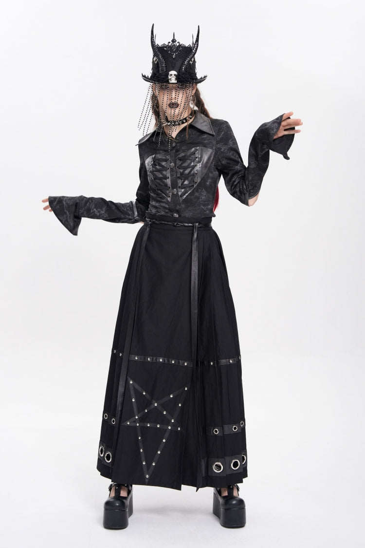 Women's Punk Skirt with Eyelets, Rivets and Pentacle Horse-Face Motif