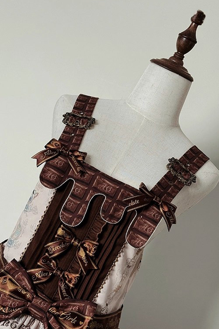 Teddy Bear Chocolate Asymmetric Lolita Strap Dress with Bow - Sleeveless