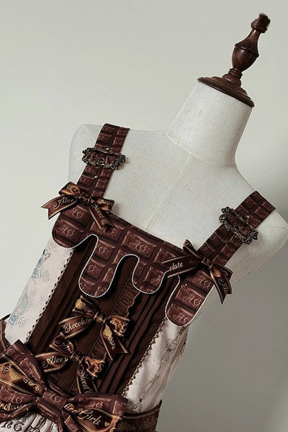 Teddy Bear Chocolate Asymmetric Lolita Strap Dress with Bow - Sleeveless