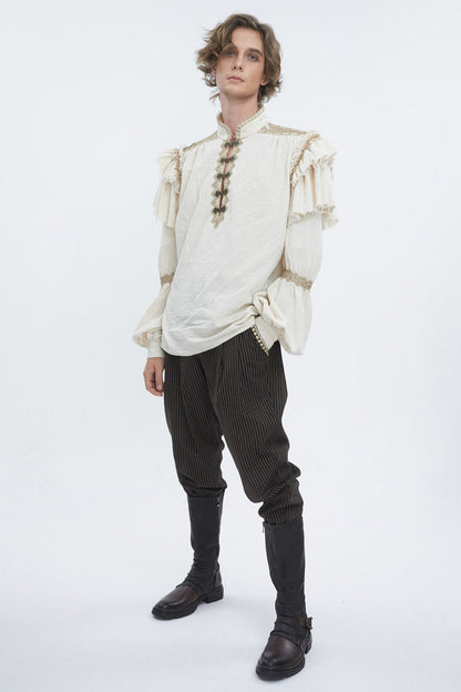Gothic Men's Blouse with Lantern Sleeves & Multi-Layer Ruffled Stand Collar
