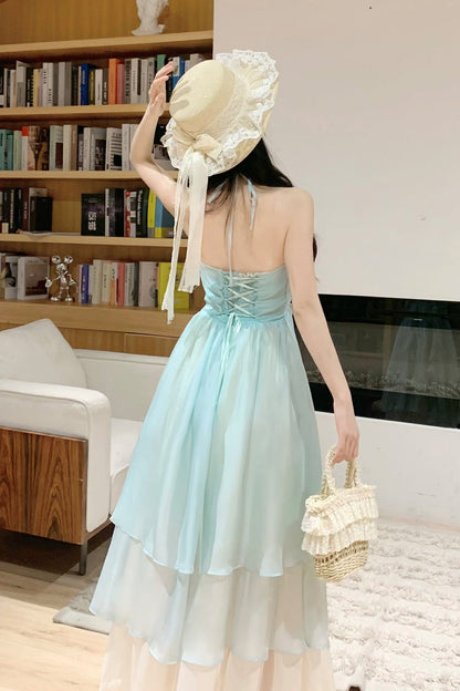 Sleeveless Triple-Layered Ruffle Lace-Up Sweet Lolita JSK Dress in Mint Green Dreaming About The Sea