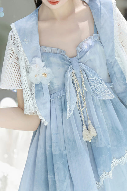 Azure Clouds Resting in the Wilderness Print Ruffle Embroidery Bow Lace Irregular Lolita Jumper Dress