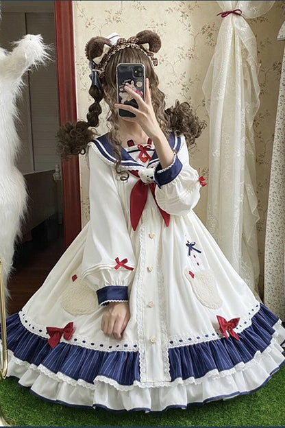 Ivory Navy Collar Chiffon Sea Bear Print Bow Ruffled Sweet Lolita OP