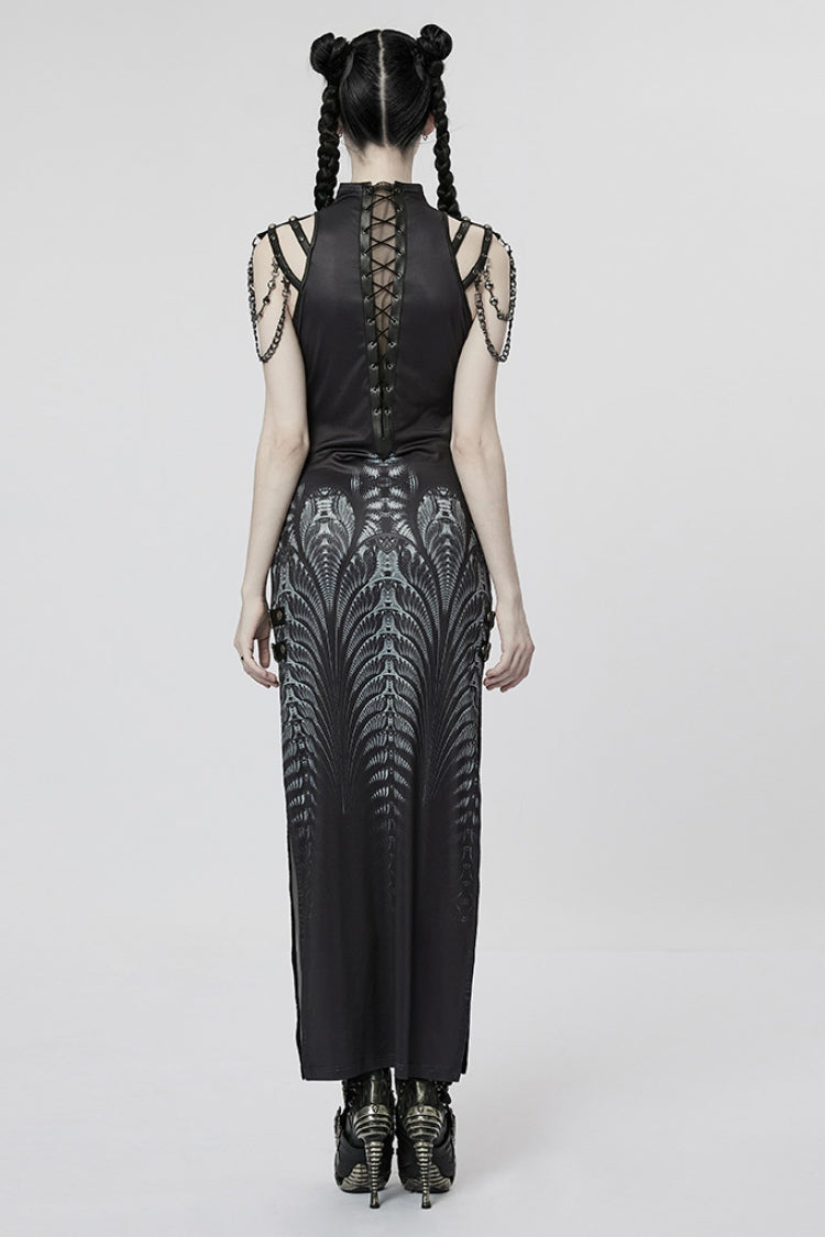 Side Slit Lace-Up Dress with Chain - Women's Gothic