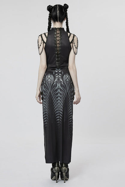Side Slit Lace-Up Dress with Chain - Women's Gothic