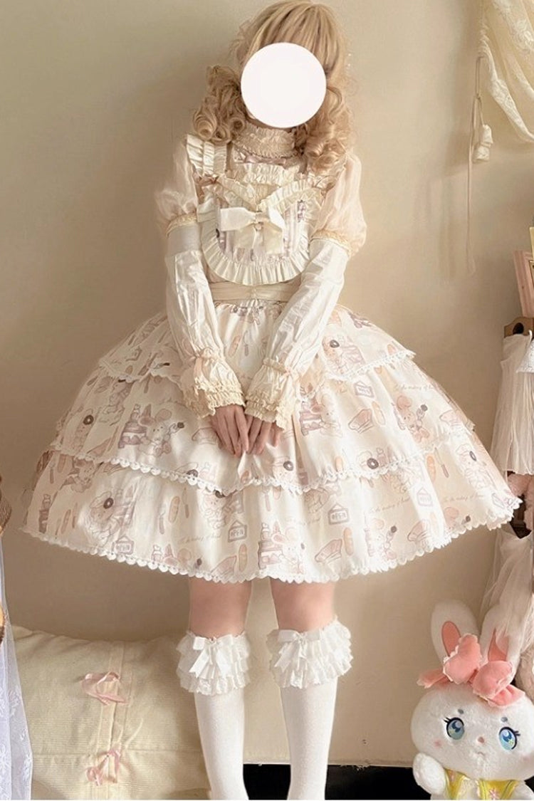 Plus Size Sweet Lolita JSK Gown with Triple-Layer Ruffles & Printed Bow