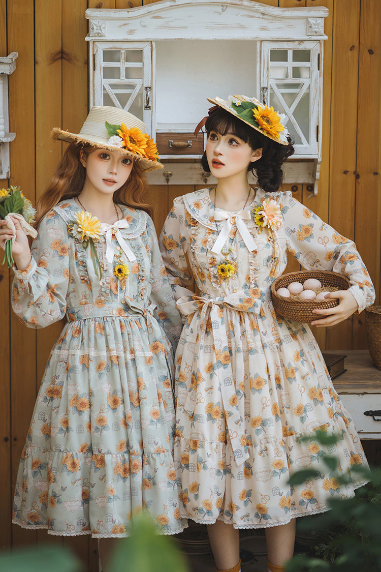 Emerald Long Sleeve Sunflower Ruffle Bow Sweet Lolita Gown
