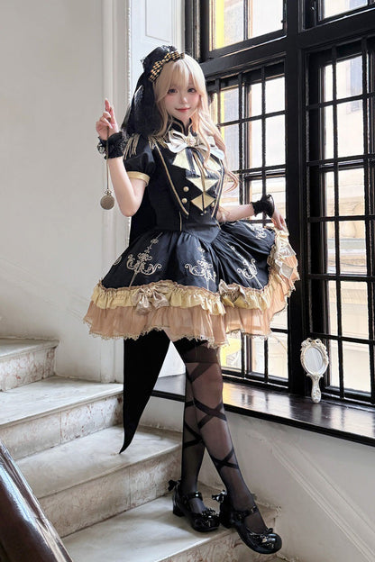 Ebony Short-Sleeve Double-Layered Embroidered Bow Gothic Dress - Gilded Oath